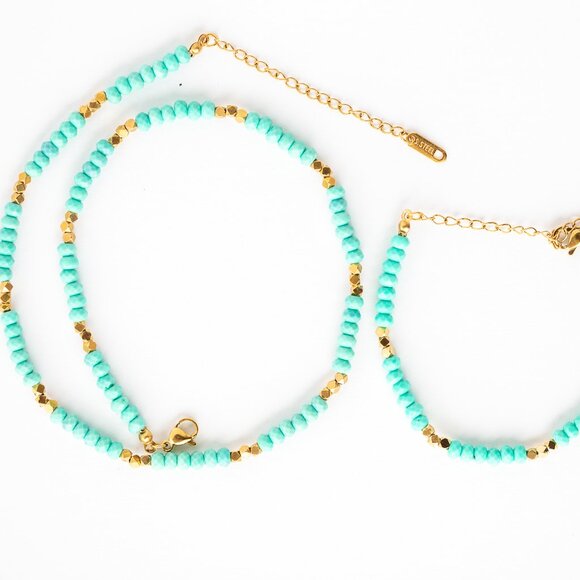 BUNDLE Turquoise Beaded Necklace & Bracelet Set Waterproof Gold - Picture 1 of 12
